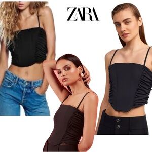 Zara black ruched corset bustier crop top spaghetti straps Sz S